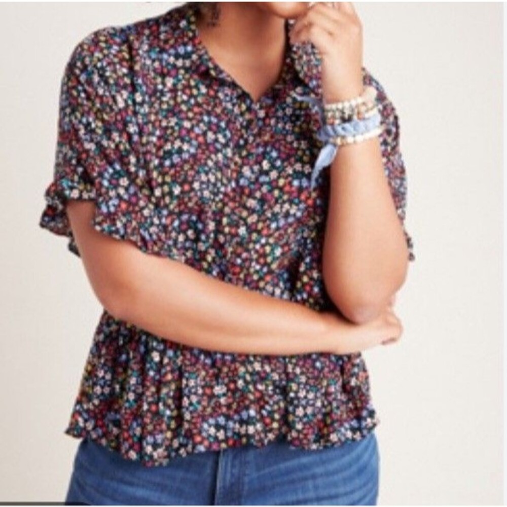 Anthropologie Maeve Top Small Mallory Ruffle Blouse Floral BOHO Relaxed